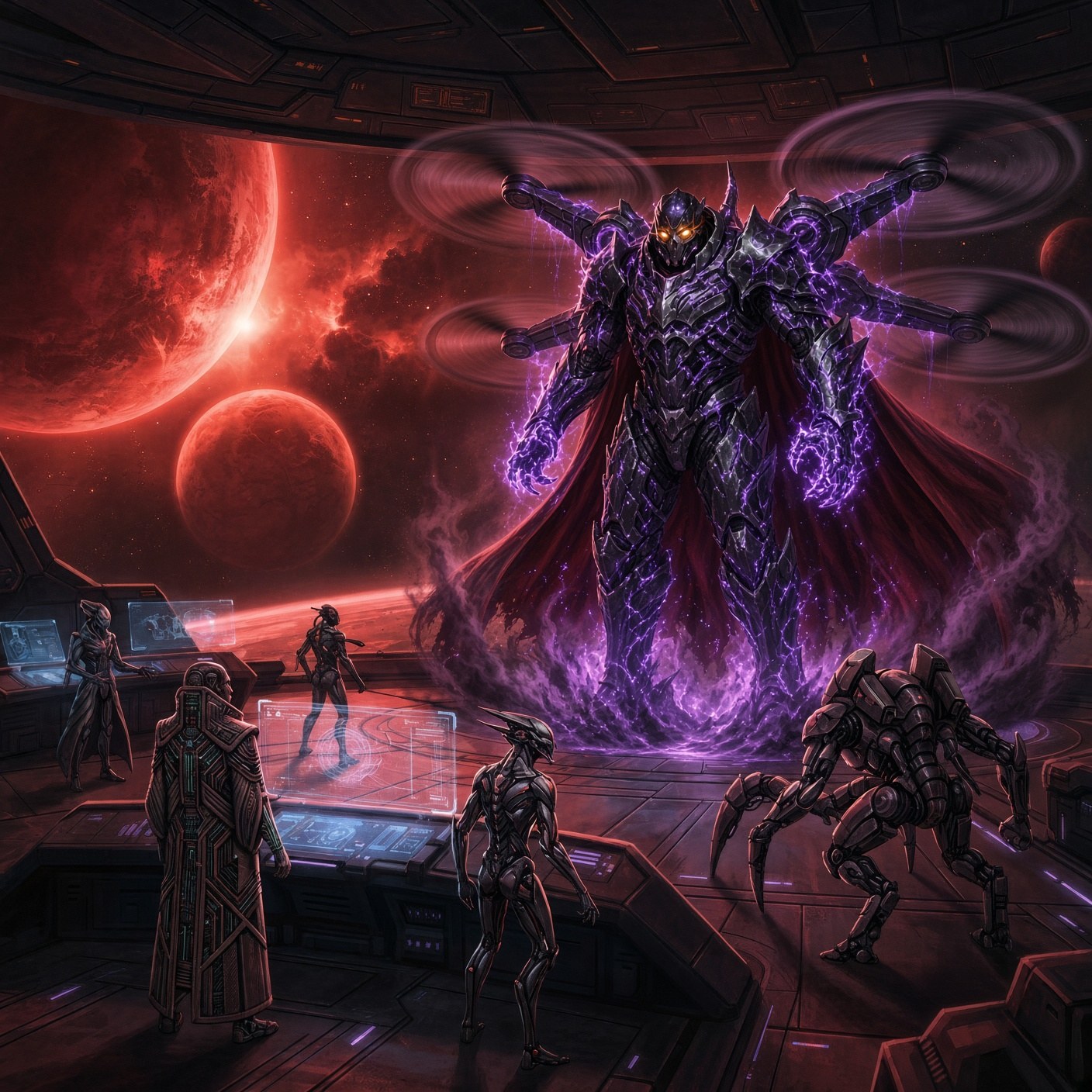 Comic panel: BLACKOUT desire assessment, a gunship under a red eclipse, green storm, title The Storm Hungers